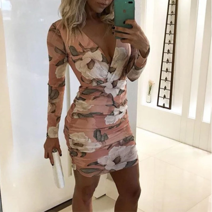 Sexy Bodycon Dress Women V-Neck Long Sleeve Tight Ladies Dress Retro Pink Print Flower Dresses Elegant Luxury Party Dresses Robe
Sexy Bodycon Dress Women V-Neck Long Sleeve Tight Ladies Dress Retro Pink Print Flower Dresses Elegant Luxury Party Dresses Robe