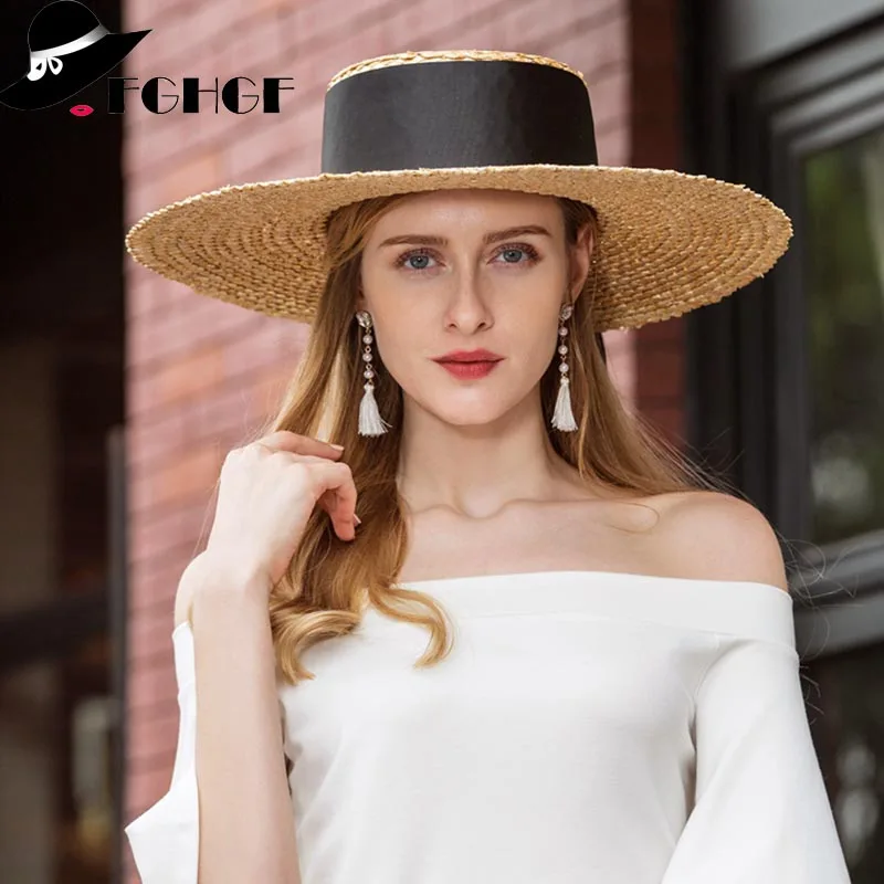 

FGHGF Women Flat Top Wheat Straw Hat Ribbon Sun Hats 12cm Wide Brim Fedoras Boater Hat Summer Beach Cap Lady Kentucky Derby Hat