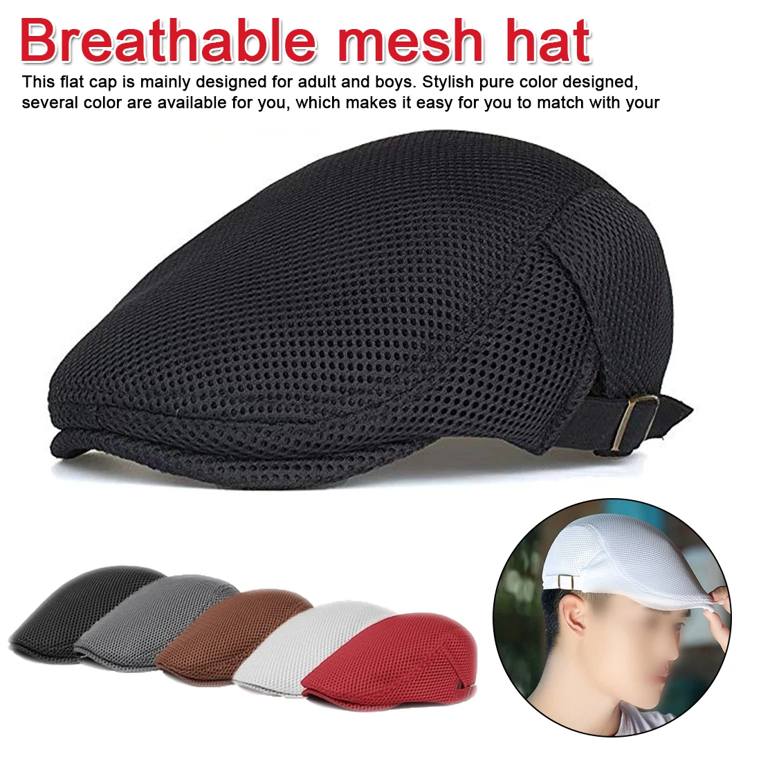 

Men's Breathable Mesh Summer Duckbill Hat Newsboy Beret Ivy Cap Flat Soft Adjustable Sunscreen Male Cap