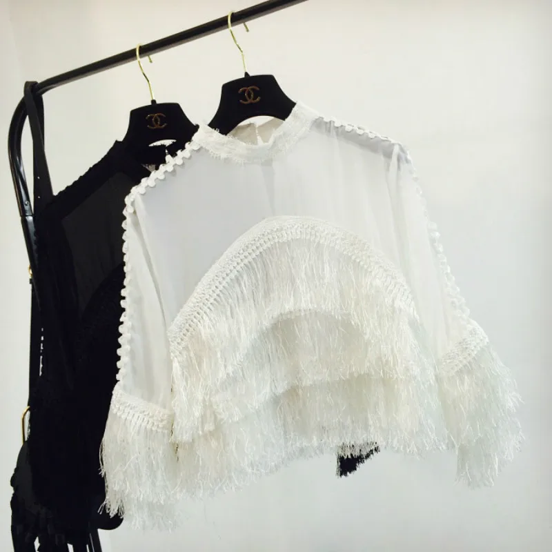 Perspective Chiffon Fringed Blouses tassels bottoming Shirts Flare Sleeve Slim O-Neck Hollow splicing High Waist Tops Summer
Perspective Chiffon Fringed Blouses tassels bottoming Shirts Flare Sleeve Slim O-Neck Hollow splicing High Waist Tops Summer