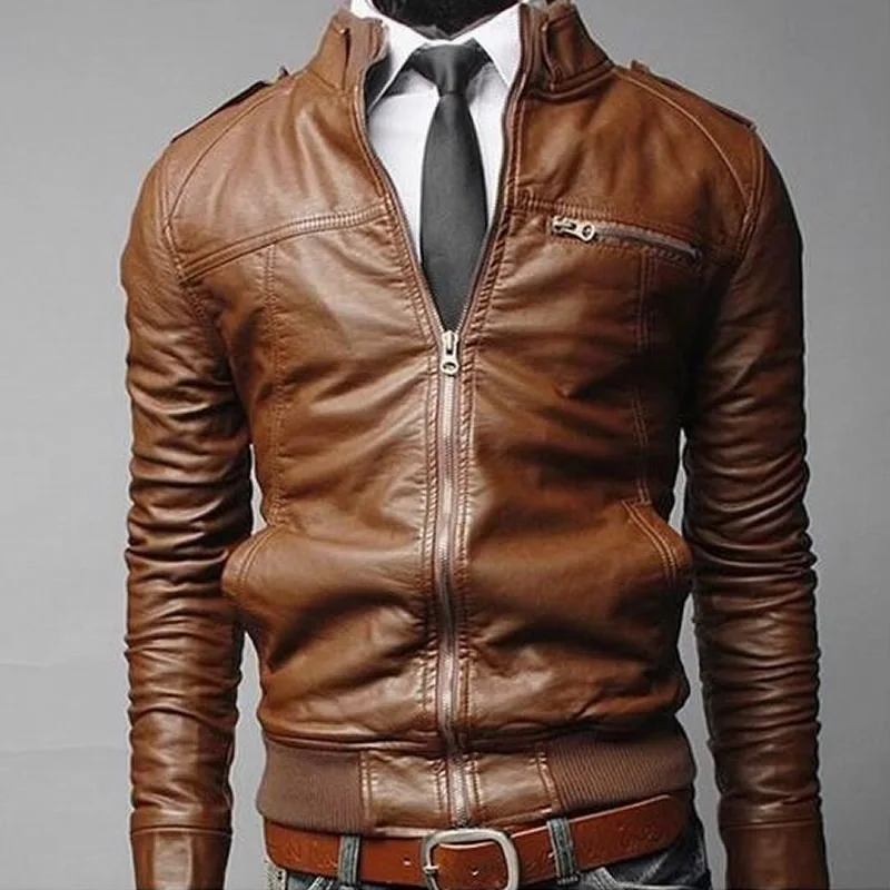 Cool Motorcycle Fake Leather Jacket Men'S Faux Casual Solid Slim Fit Jackets Coats With Pockets Big Size | Мужская одежда
