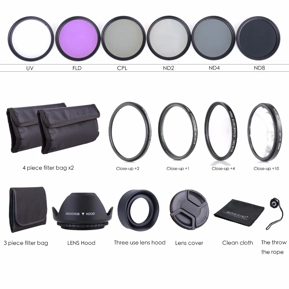 58mm Macro Close Up Set + UV CPL FLD + ND Filter Kit & Rubber Lens Hoods / Cleaning Cloth set
58mm Macro Close Up Set + UV CPL FLD + ND Filter Kit & Rubber Lens Hoods / Cleaning Cloth set