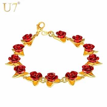 

U7 Red Rose Flowers Bracelet Femme Wrist Charm Chain Gold Color Fashion Jewelry Bracelets for Women Mother's Day Gifts H1047