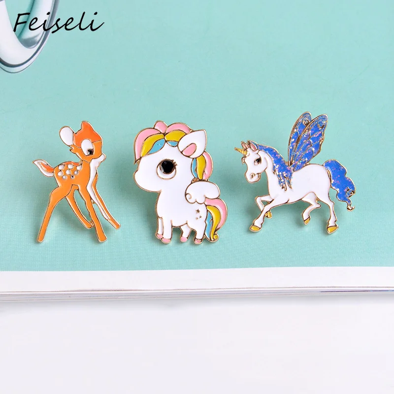 

Feiseli Colorful Cute Animal Pegasus Sika Deer Unicorn Cartoon Brooch Girls Clothes Dress Corsage Schoolbag Decor Metal Badge