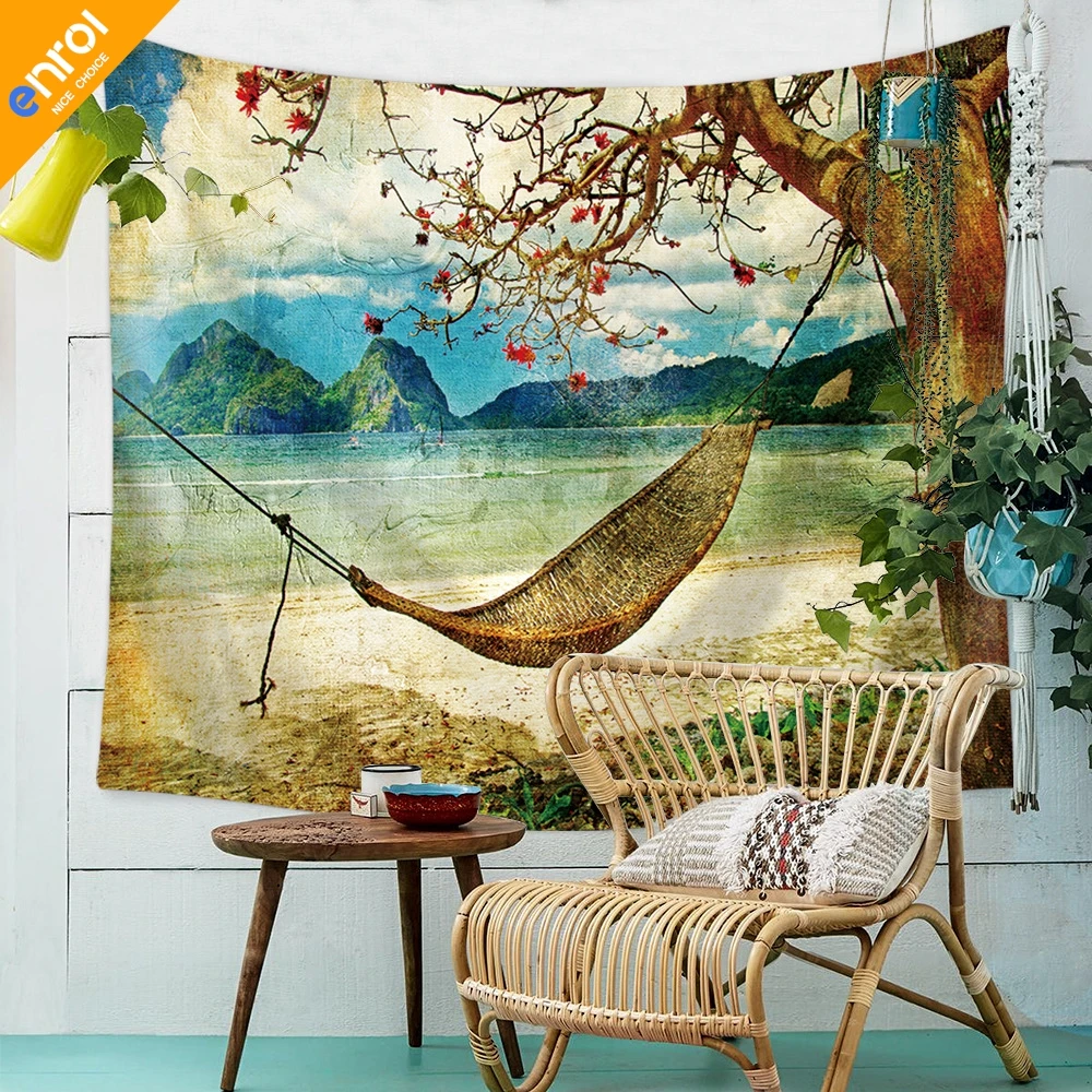 

Village Coco Tree Sea Wall Cloth Hanging Bedspread Beach Towel Yoga Picnic Mat Cheap Beautiful Tapestry