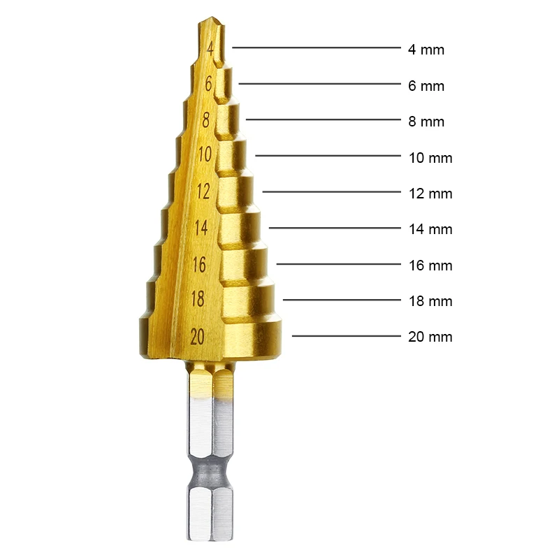 4-20 HSS Titanium Coated Step Drill Bit Drilling Power Tools for Metal High Speed Steel Wood Hole Cutter Step Cone Drill
4-20 HSS Titanium Coated Step Drill Bit Drilling Power Tools for Metal High Speed Steel Wood Hole Cutter Step Cone Drill