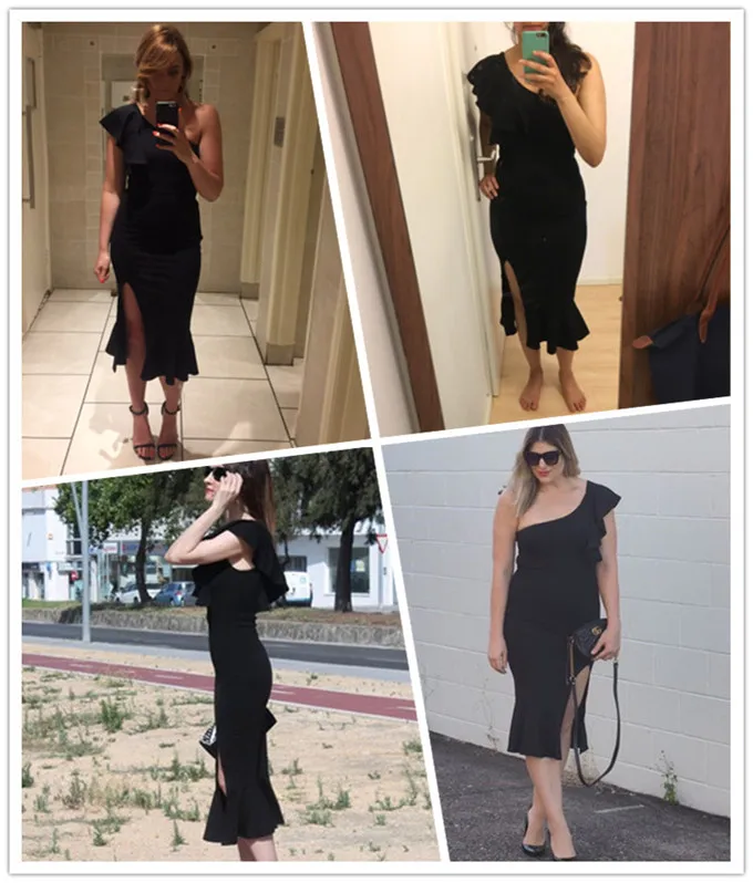 COLROVIE Black Party Dress 2017 Women One Shoulder Frill Peplum Hem Sexy Elegant Summer Dresses Slim Ruffle Split Bodycon Dress 16