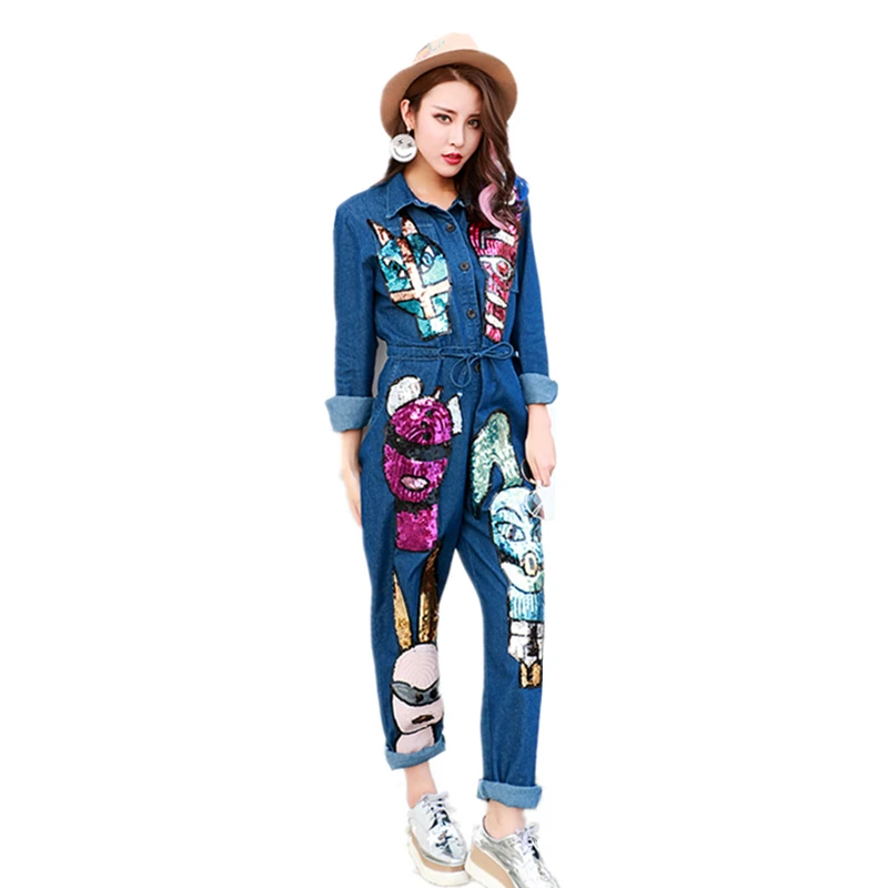 Female Autumn Turn Down Collar Long Sleeve Jumpsuits Women Fashion Cartoon Sequins Denim Rompers Loose Casual Playsuits Z209
Female Autumn Turn Down Collar Long Sleeve Jumpsuits Women Fashion Cartoon Sequins Denim Rompers Loose Casual Playsuits Z209
