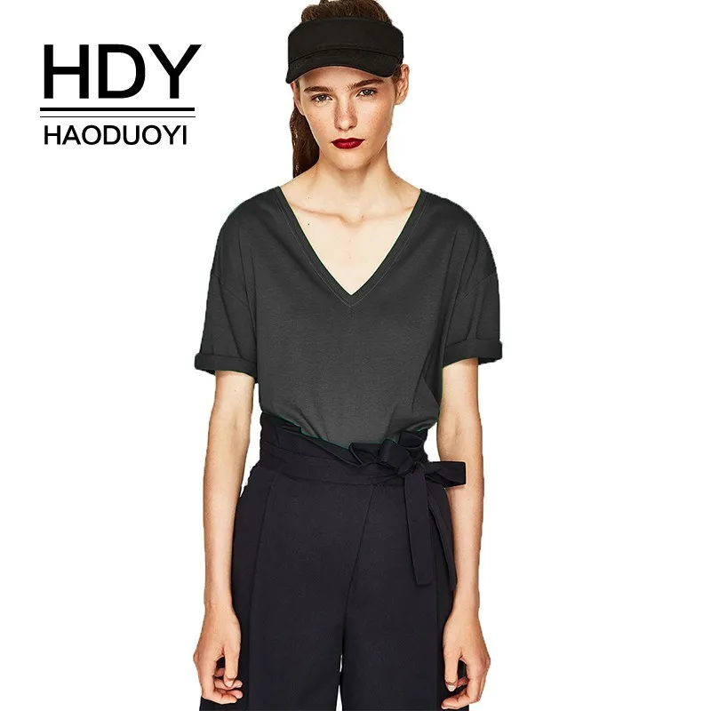 

HDY Haoduoyi 2019 New Arrivals New Fashion Simple Commuter Witty Hot Sale Ladies Casual Fit Tops Solid Color V-neck T-shirt