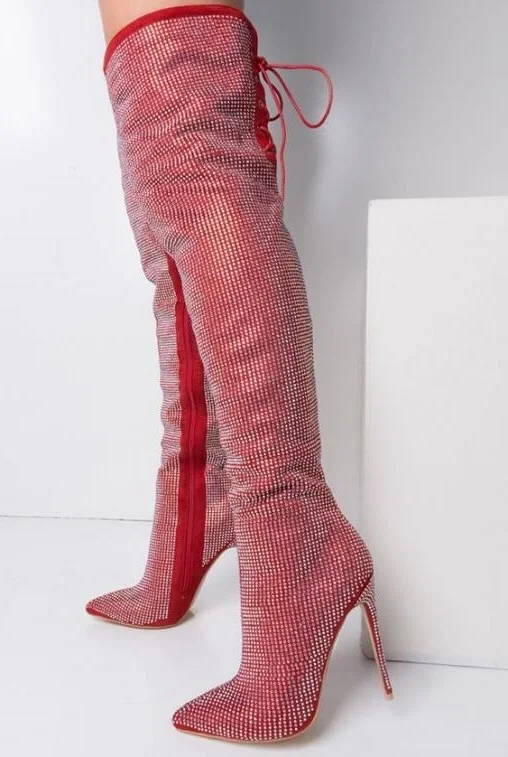 Sexy Red Bling Bling Crystal Embellished Over Knee Boots Womens Pointed toe Side Zipper Back Lace-up High Tight High Boots
Sexy Red Bling Bling Crystal Embellished Over Knee Boots Womens Pointed toe Side Zipper Back Lace-up High Tight High Boots