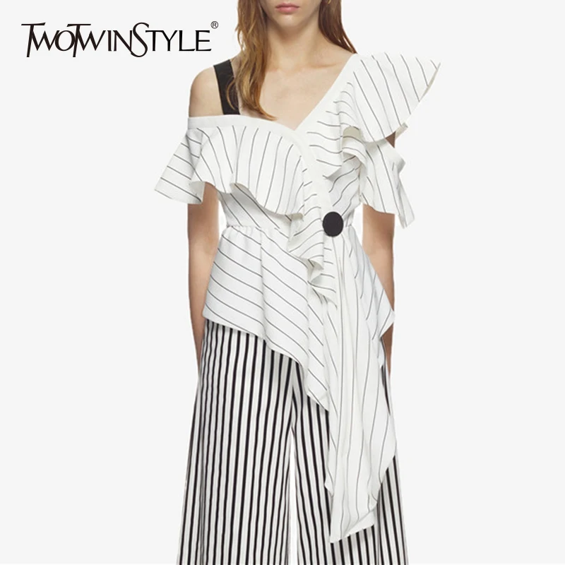 TWOTWINSTYLE Irregular Shirt Female Striped Ruffles Off Shoulder Patchwork Tunic High Waist Asymmetrical Blouse Top Summer 2019
TWOTWINSTYLE Irregular Shirt Female Striped Ruffles Off Shoulder Patchwork Tunic High Waist Asymmetrical Blouse Top Summer 2019