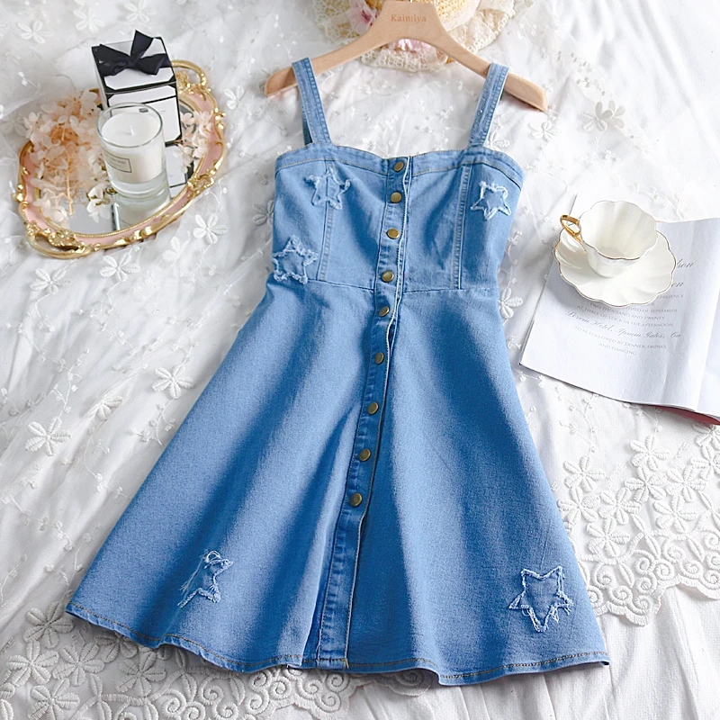 Summer Women Dress Chic Korean Preppy Style Single Breasted Jeans Dress Blue Sweet Jeans Female Dress
Summer Women Dress Chic Korean Preppy Style Single Breasted Jeans Dress Blue Sweet Jeans Female Dress