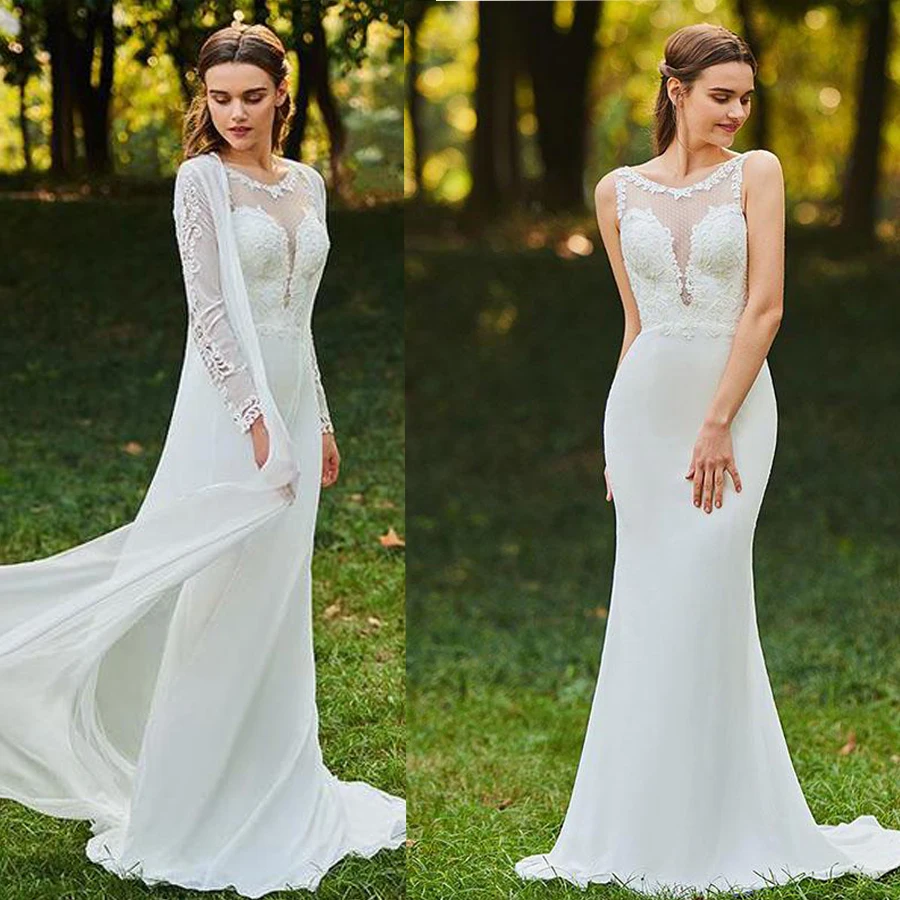 Sexy Mermaid Chiffon Illusion Scoop Neckline Bridal Gowns Sweep Train with Shawl Wedding Dress Backless Lace Applique
Sexy Mermaid Chiffon Illusion Scoop Neckline Bridal Gowns Sweep Train with Shawl Wedding Dress Backless Lace Applique