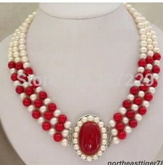 3 Rows Real White Pearl & Red Coral 18KWGP Clasp Pendant Necklace>>>Lovely Women's Wedding Jewelry Pretty
3 Rows Real White Pearl & Red Coral 18KWGP Clasp Pendant Necklace>>>Lovely Women's Wedding Jewelry Pretty