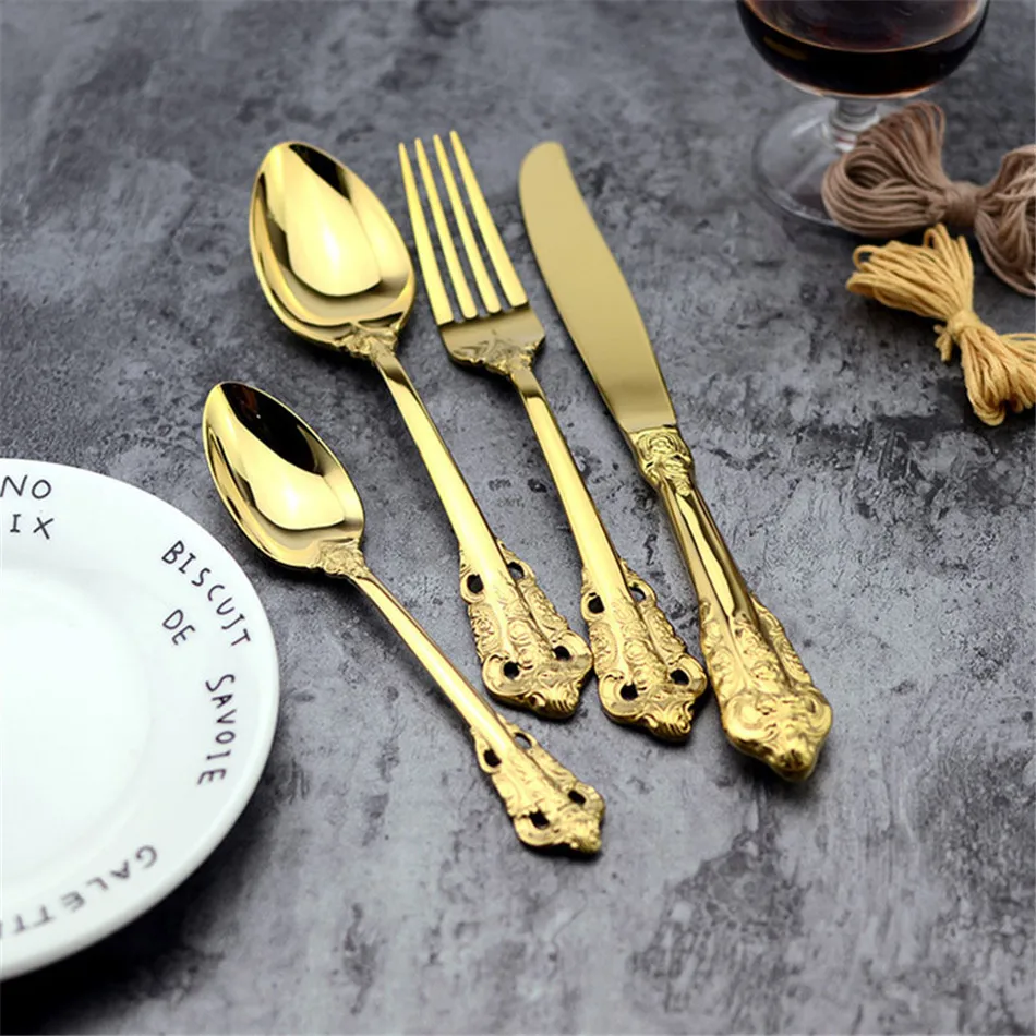 Retro Vintage Western Gold Plated Relief Cutlery Dining Knives Forks Teaspoon Set Golden Luxury Dinnerware Tableware Set 4 pcs (5)