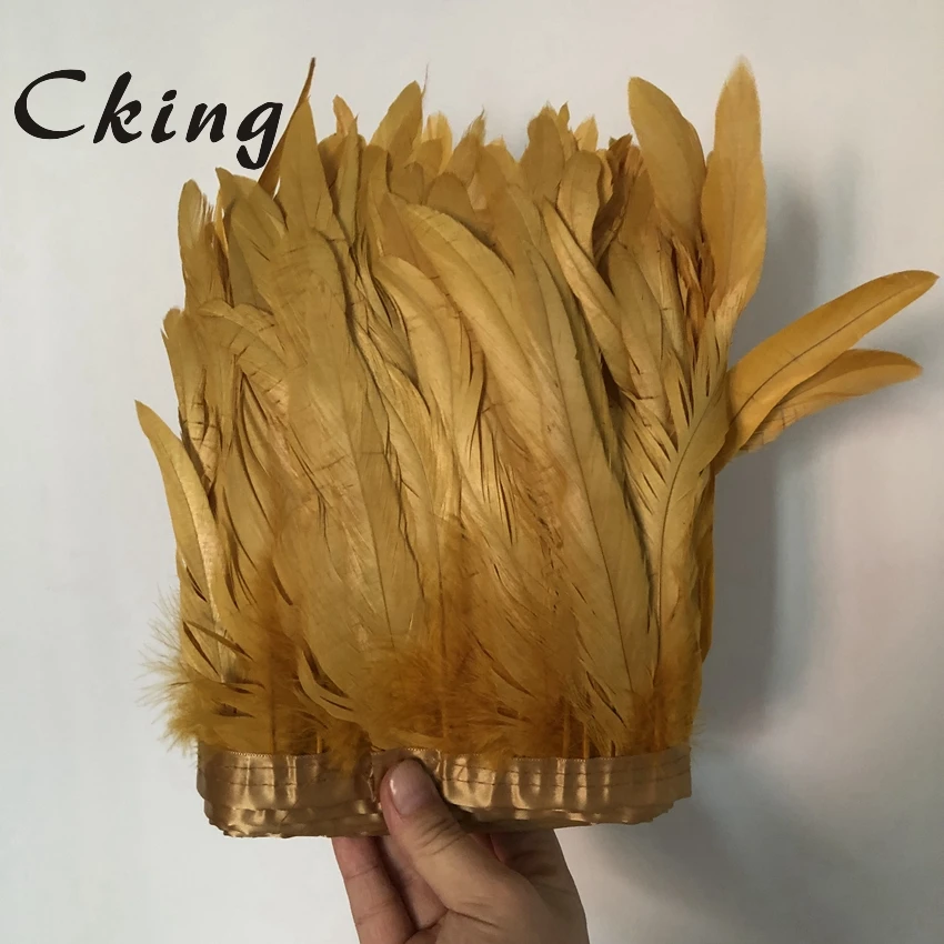 

2 meters 6-8inch Gold rooster feather trims 15-20cm diy chicken plumes fringe trimming sewed on satin ribbons lace 100pcs/meters