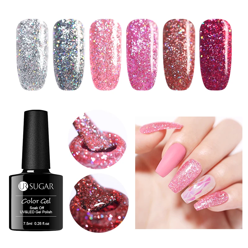 

UR SUGAR 7.5ml Glitter Gel Nail Polish Shimmer Holographic Sequins Soak Off UV Gel Varnish Top Base Coat Lacquer Primer Manicure