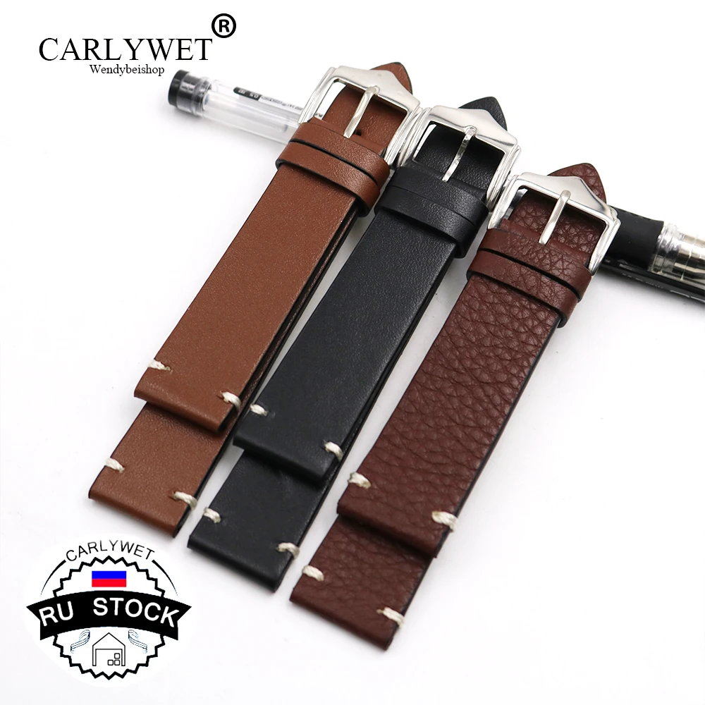 

CARLYWET RU STOCK 20 22 24mm Cowhide Smooth Vintage Leather Black Brown Replacement Watch Band Strap Belt With Polished Buckle