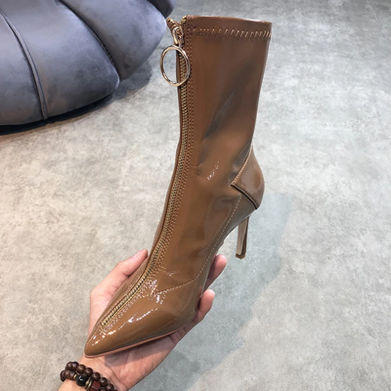 Sexy Ladies Stretch Fabric Patent Leather Patchwork Ankle Boots Stiletto High Heels Female Pointed toe Front Zip Bottines Woman
Sexy Ladies Stretch Fabric Patent Leather Patchwork Ankle Boots Stiletto High Heels Female Pointed toe Front Zip Bottines Woman