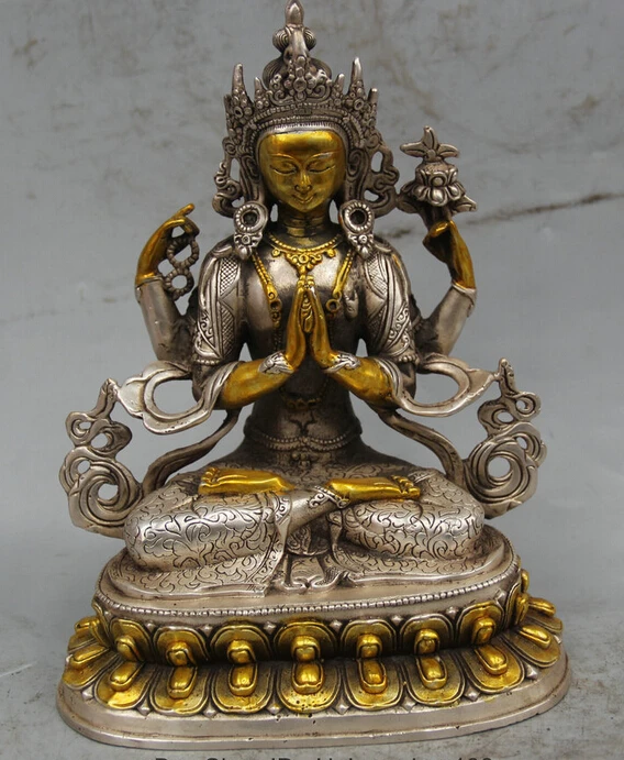 8" Tibet Buddhism Silver Gilt 4 arms Chenrezig Buddha Avalokiteshvara Statue R0710
8" Tibet Buddhism Silver Gilt 4 arms Chenrezig Buddha Avalokiteshvara Statue R0710