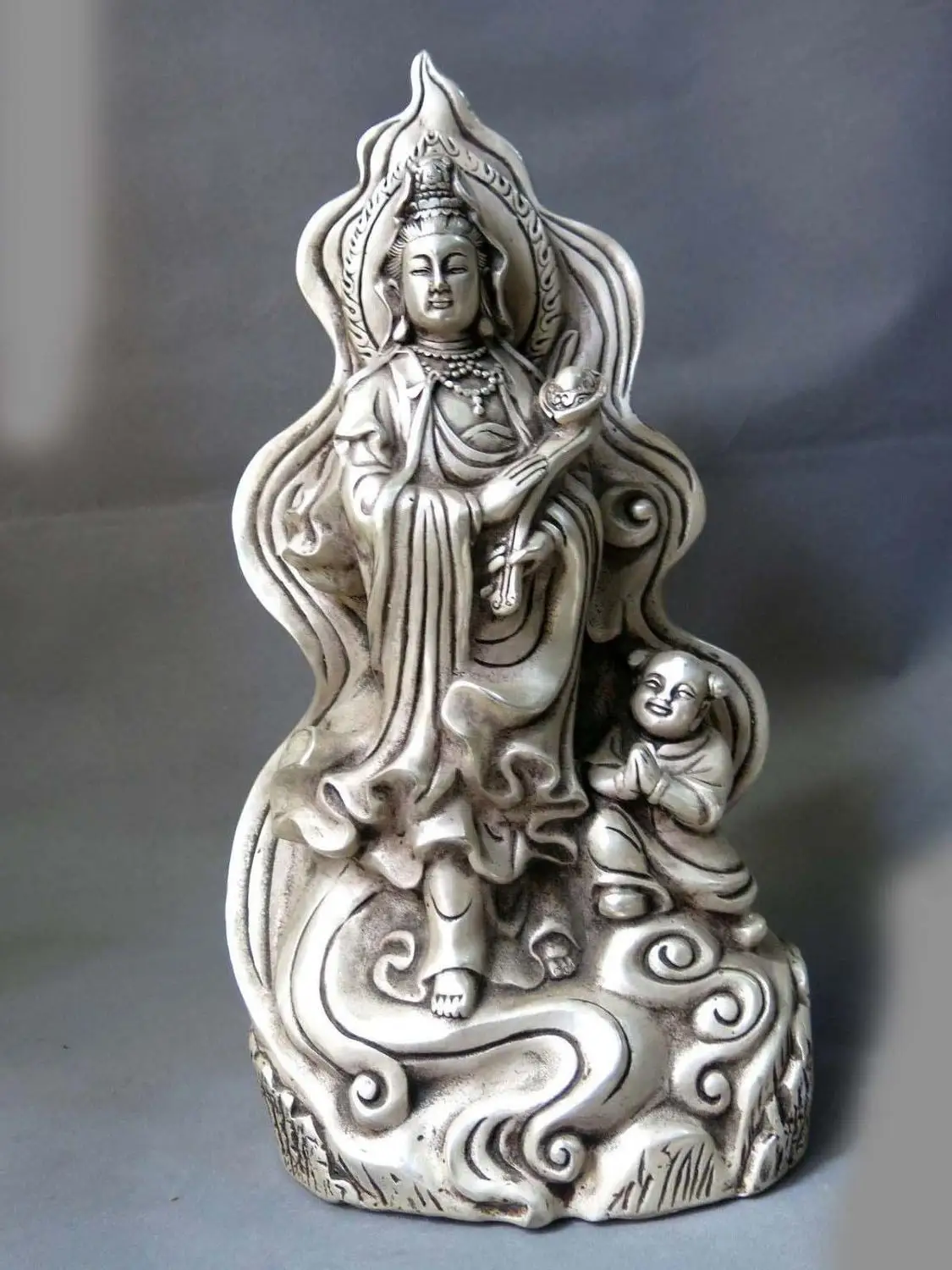13" China silver carved buddhism Kwan-yin Bodhisattva buddha sculpture Statue