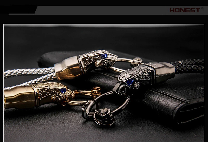 Brand HONEST High Grade Men Key Chain Keychains Rhinestones Car Key Ring Holder Jewelry Bag Pendant Gift Genuine Leather Rope 21