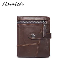 

HAMICH Cowhide Leather First Layer Men's Short Wallet Hasp Male Purse Vintage Retro Style Zipper Wallet High Quality Coin Wallet