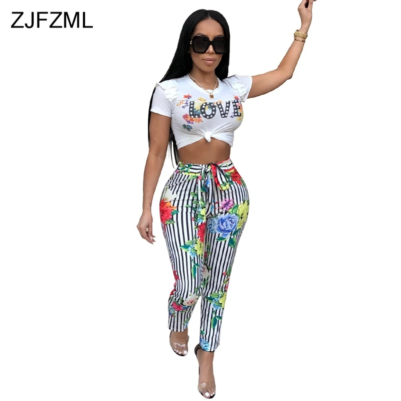 

ZJFZML Rose Flower Print Sexy Two Piece Set Women Love Letter Short Sleeve Short Shirt And Vertical Striped Bow Sash Pencil Pant