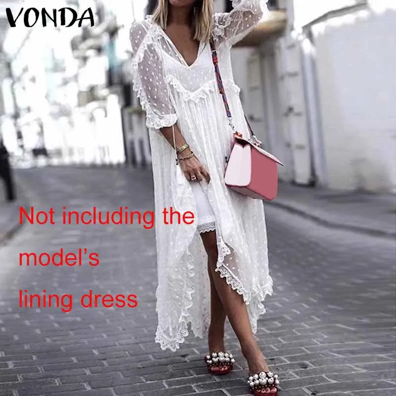 

VONDA Summer Lace Dress 2019 Women Sexy V-Neck Polka Dot Hollow Asymmetrical Hem Dresses Plus Size Female Vestidos