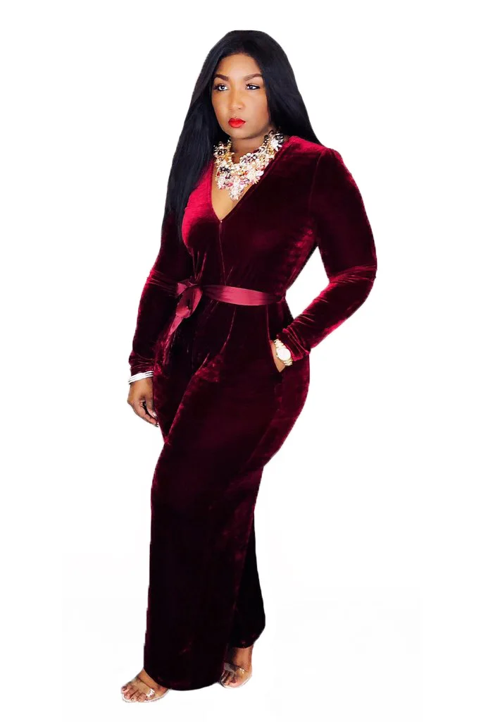 2019 Spring Women Sexy V Neck Wide Leg Velvet Jumpsuit Rompers Ladies Long Sleeve Sashes Overalls Playsuit Club Outfit 
2019 Spring Women Sexy V Neck Wide Leg Velvet Jumpsuit Rompers Ladies Long Sleeve Sashes Overalls Playsuit Club Outfit