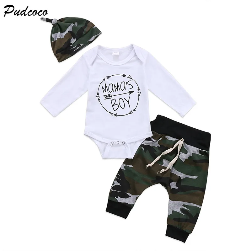 3PCS Set Mama's Boy Newborn Baby Clothing Long Sleeve Cotton Romper Tops+Camouflage Pant Trouser Hat Outfit Kids Clothes
3PCS Set Mama's Boy Newborn Baby Clothing Long Sleeve Cotton Romper Tops+Camouflage Pant Trouser Hat Outfit Kids Clothes