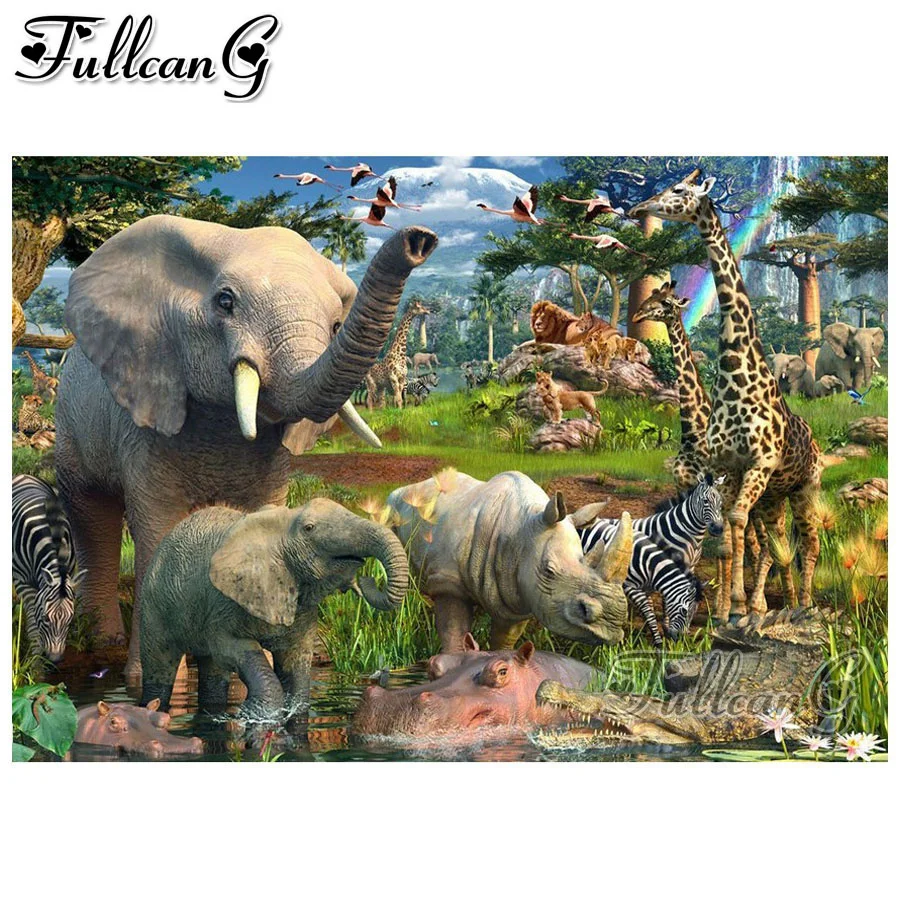 

FULLCANG diy 5d diamond mazayka elephant & giraffe dimond painting animals full square/round drill embroidery rhinestone FC1377