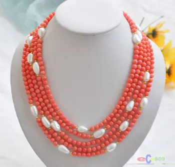 wholesale natural 5row 21" pink coral bead white baroque pearl NECKLACE 
wholesale natural 5row 21" pink coral bead white baroque pearl NECKLACE