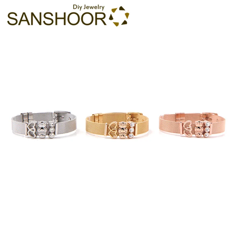 SANSHOOR Stainless Steel Mesh Armband Keeper Bracelet Set Interlocking Heart Owl Sparkling Trio Slide Charms Women DIY Jewelry
SANSHOOR Stainless Steel Mesh Armband Keeper Bracelet Set Interlocking Heart Owl Sparkling Trio Slide Charms Women DIY Jewelry