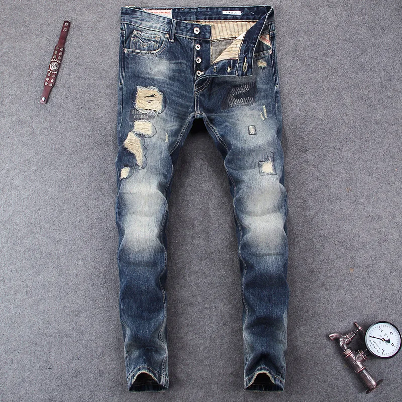 2018 Fashion High Street Men's Jeans High Quality Slim Fit Destroyed Buttons Ripped Jeans Men Classical Pants Biker Jeans Homme
2018 Fashion High Street Men's Jeans High Quality Slim Fit Destroyed Buttons Ripped Jeans Men Classical Pants Biker Jeans Homme