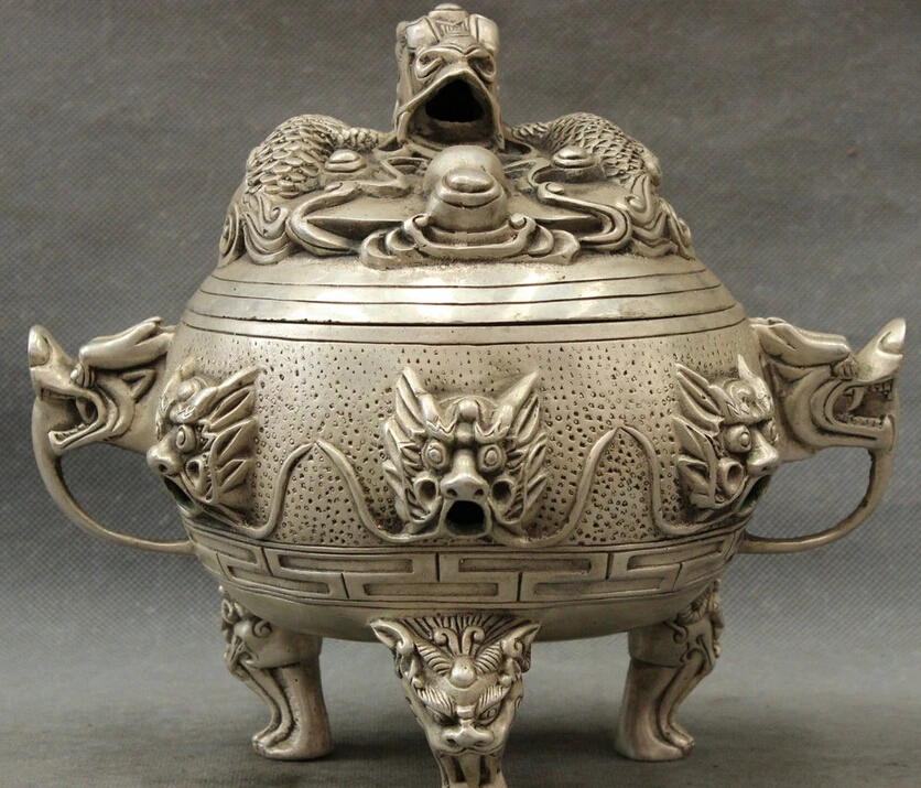 song voge gem S4140 8" Tibet Copper Silver Buddhism 9 Dragon Head Statue Lion Incense Burner Censer
song voge gem S4140 8" Tibet Copper Silver Buddhism 9 Dragon Head Statue Lion Incense Burner Censer