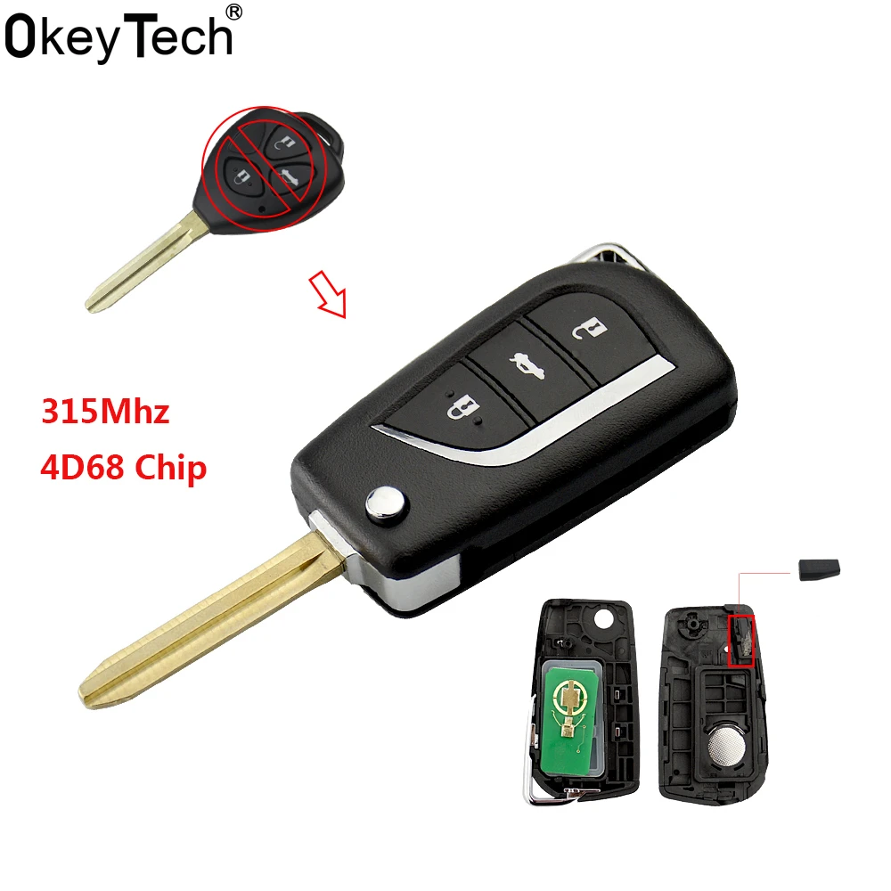 OkeyTech High quality 3 buttons flip folding modified remote key for Toyota Vios Corolla with 315mhz 4D68 chip TOY43 key blade
OkeyTech High quality 3 buttons flip folding modified remote key for Toyota Vios Corolla with 315mhz 4D68 chip TOY43 key blade