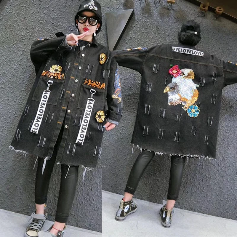 Spring Autumn Ripped Sequins Appliques Pockets Long Sleeve Holes Denim Trench Coat Women New Windbreaker Street Outwear NZ106
Spring Autumn Ripped Sequins Appliques Pockets Long Sleeve Holes Denim Trench Coat Women New Windbreaker Street Outwear NZ106