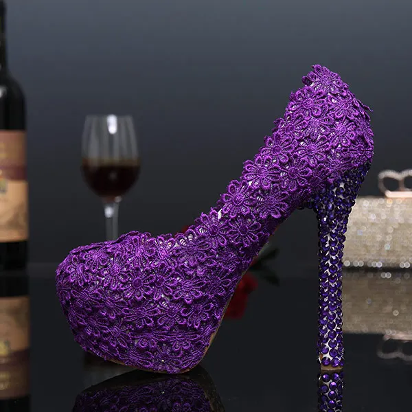 Image Spring   autumn purple Women Thin Heels Bud silk flowers Party pumps 2016 women platform 14cm high heels Wedding shoes for women