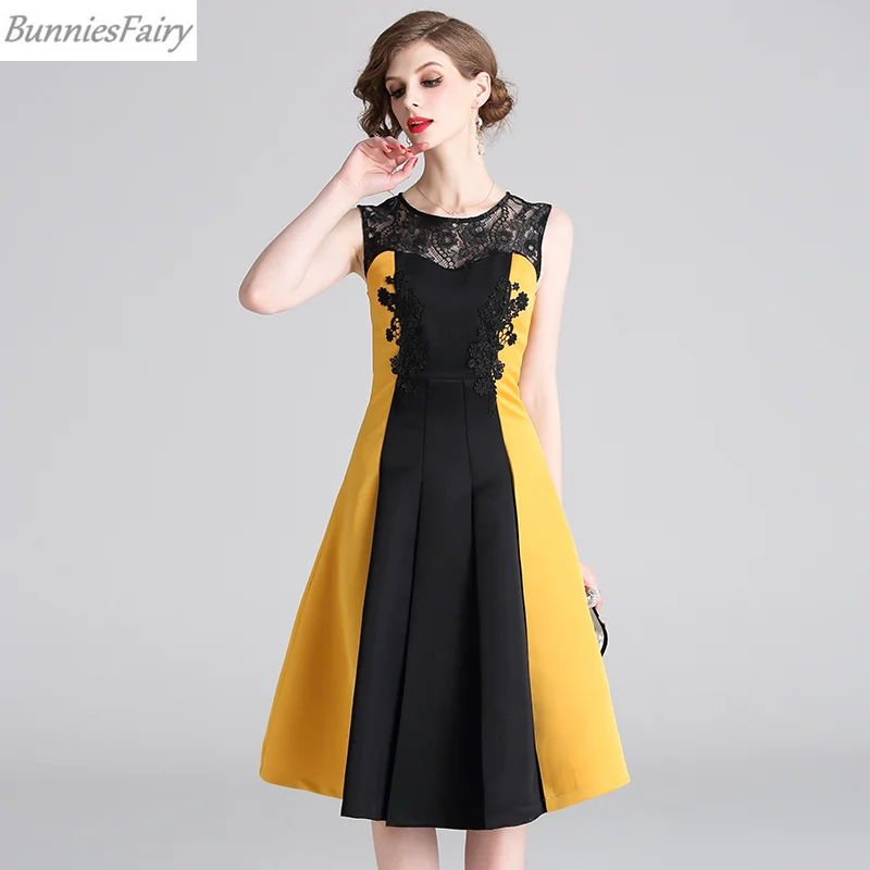 BunniesFairy 2019 Summer Women Celebrity Elegant Long Sleeveless Yellow Black Block Color Lace Patchwork Pleated Dress for Party
BunniesFairy 2019 Summer Women Celebrity Elegant Long Sleeveless Yellow Black Block Color Lace Patchwork Pleated Dress for Party