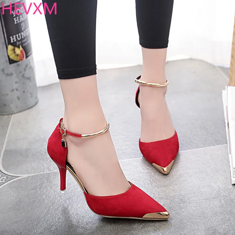 Image HEVXM High Heels Ladies Pumps Suede Gold Metal Pointed Toe Sexy Thin Air Heels Footwear Woman s Red Sandals Party Wedding Shoes