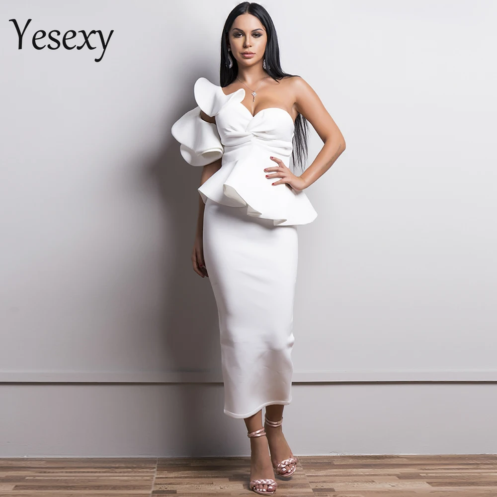 

Yesexy 2019 Sexy Spring and Summer One-Shoulder Backless Dresses Female Elegant Ruffle Mermaid Club Dress Vestido TB0020-1