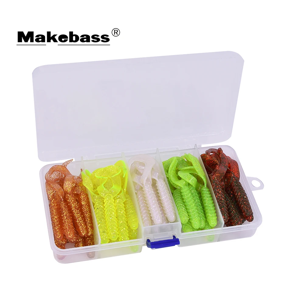 MAKEBASS 50pcs Paddle Tail Soft Baits Set Worm Curly Tail Grub Fishing Lures 5 Colors with Tackle Box for Bass Trout Walleye etc
MAKEBASS 50pcs Paddle Tail Soft Baits Set Worm Curly Tail Grub Fishing Lures 5 Colors with Tackle Box for Bass Trout Walleye etc