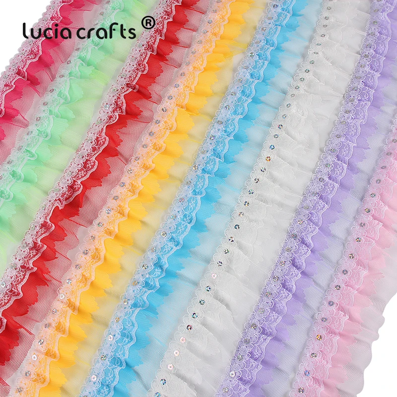 DIY 5yards 25MM 3-Layer Organza Lace Gathered Pleated Sequined Trim Sewing#07