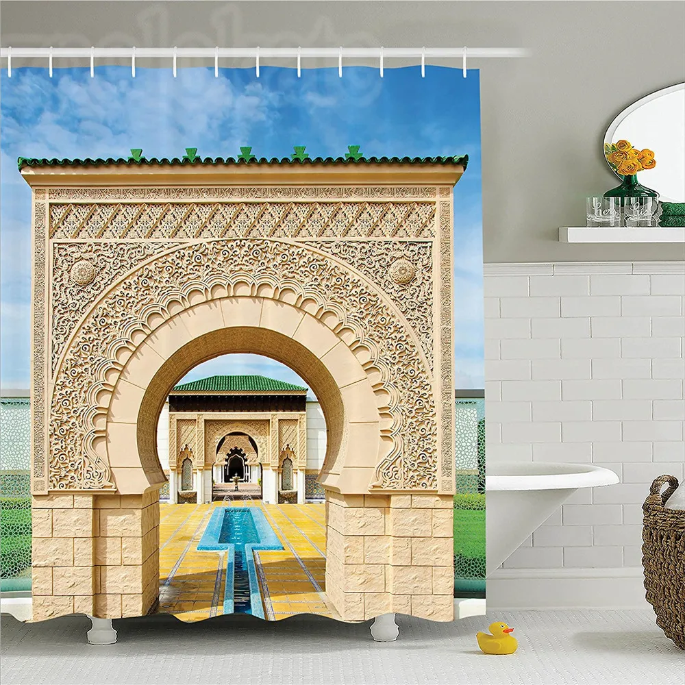 Arabian Decor Shower Curtain Set Traditional Moroccan Architecture in African Islamic East Style with Carving and Flower
Arabian Decor Shower Curtain Set Traditional Moroccan Architecture in African Islamic East Style with Carving and Flower