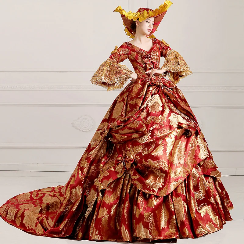 Medieval Renaissance Victorian Dresses Red Gold Costume Ball Gown