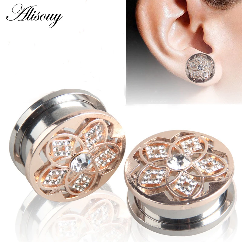 

Alisouy 1 par de joyas Piercing para el cuerpo 316L de acero inoxidable patrón de flores de cristal de oro rosa oído túneles tapones para los oídos 8-20mm