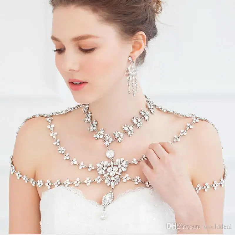 

6pcs/lot Ladies Rhinestone Crystal Shoulder Chains Necklet Layered Leaf Design Necklace Banquet Bride Dress Decoration jj017