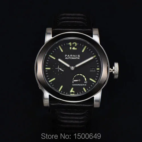 Parnis 44mm black dial Steel Sapphire Power Reserve soft leather strap Automatic date Watch
Parnis 44mm black dial Steel Sapphire Power Reserve soft leather strap Automatic date Watch