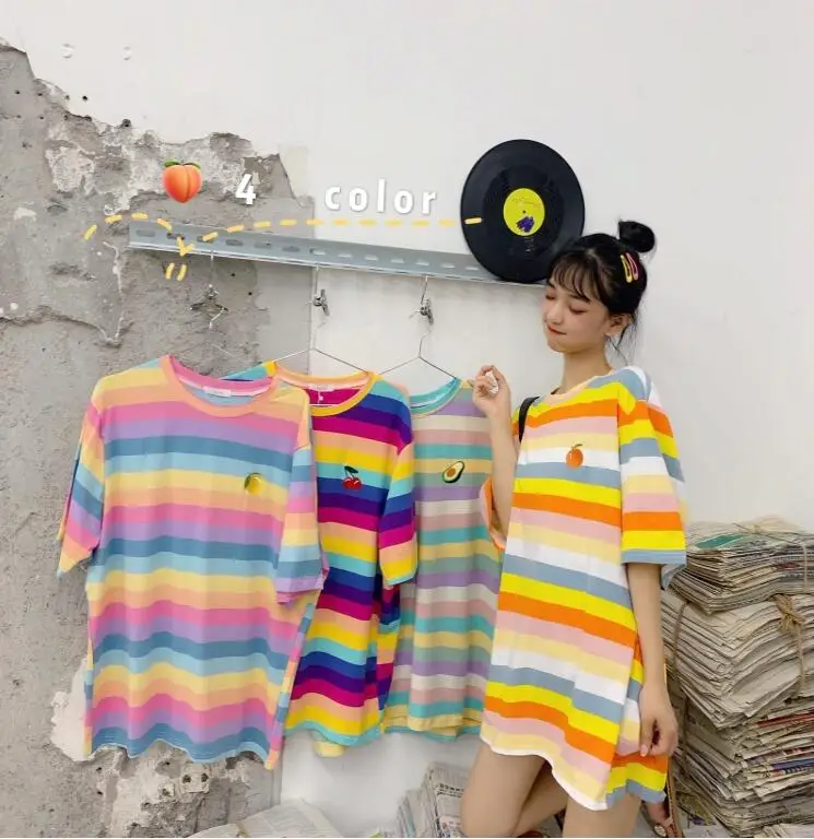Summer new rainbow striped embroidery fruit cute loose short-sleeved T-shirt women
Summer new rainbow striped embroidery fruit cute loose short-sleeved T-shirt women